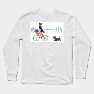 Girl on bike with Scottie dog riding on beach. Long Sleeve T-Shirt